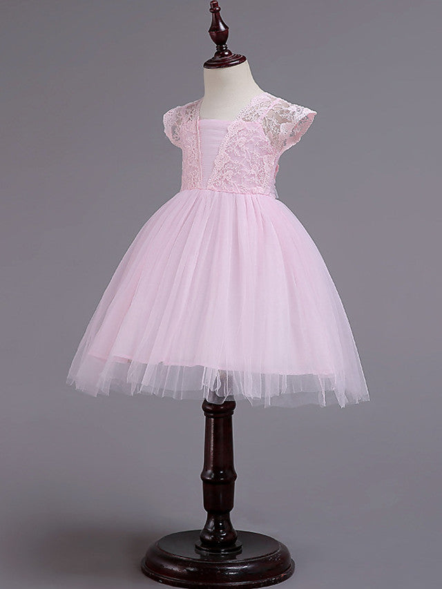 Cap Sleeve Square Neck Flower Girl Dress with Lace Tulle Cotton and Lace Belt