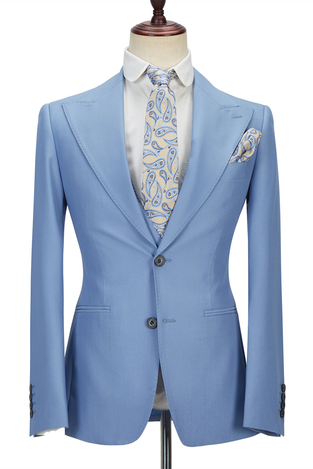 Gentle Blue Peak Lapel Men's Suit | 3 Piece Formal Suit without Flap