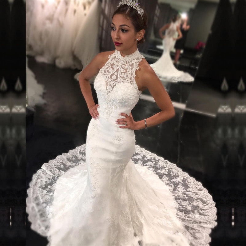 Sleeveless High Neck Long Lace Wedding Dress with Appliques