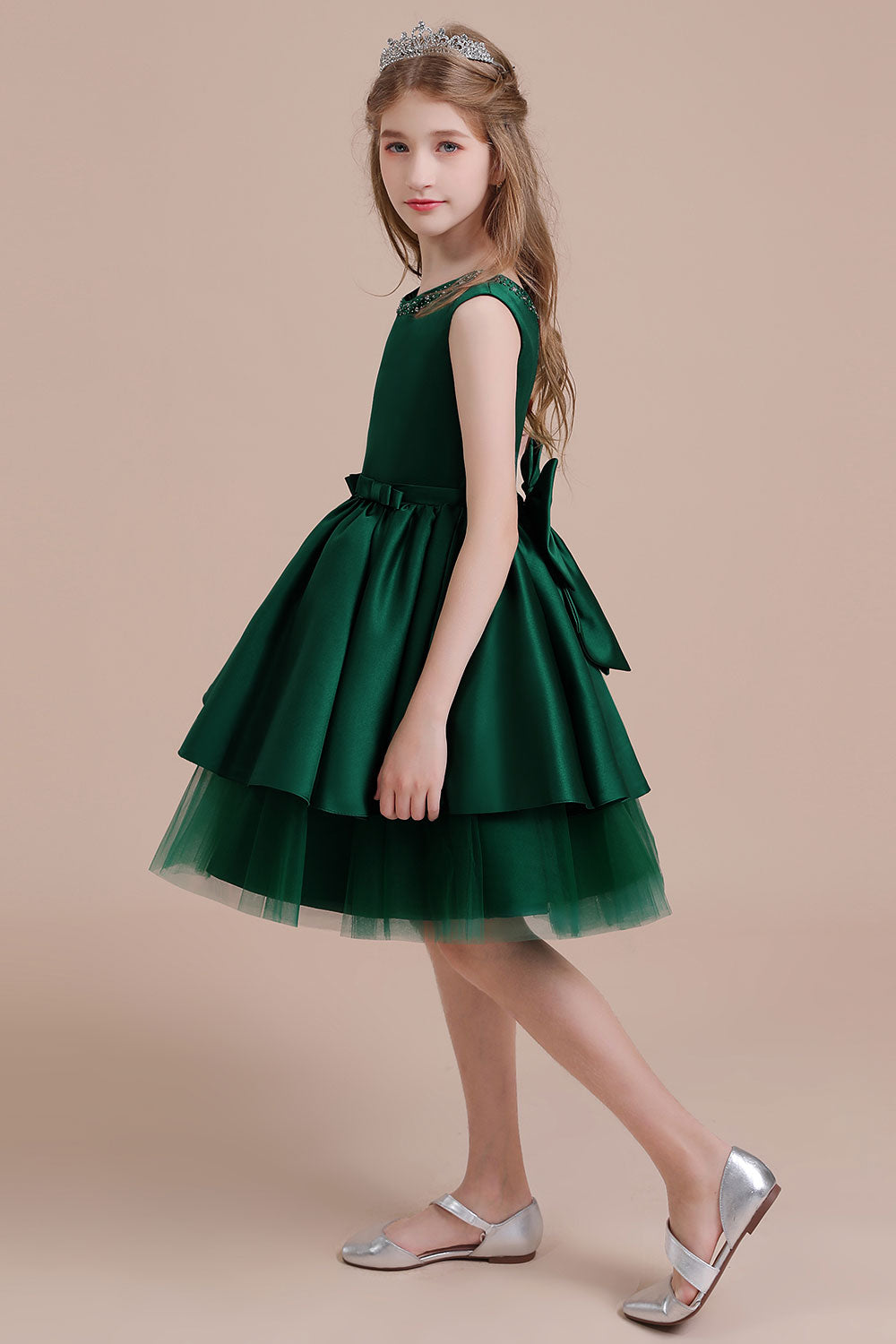 A-line Flower Girl Dress with Bow Beading and Satin Tulle