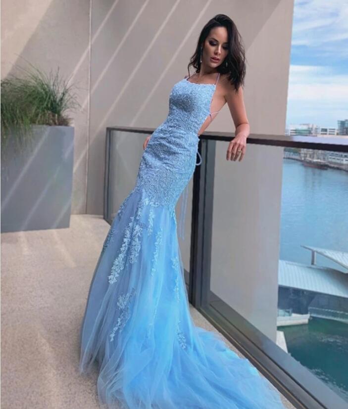 Classy Sky Blue Halter Mermaid Prom Dress