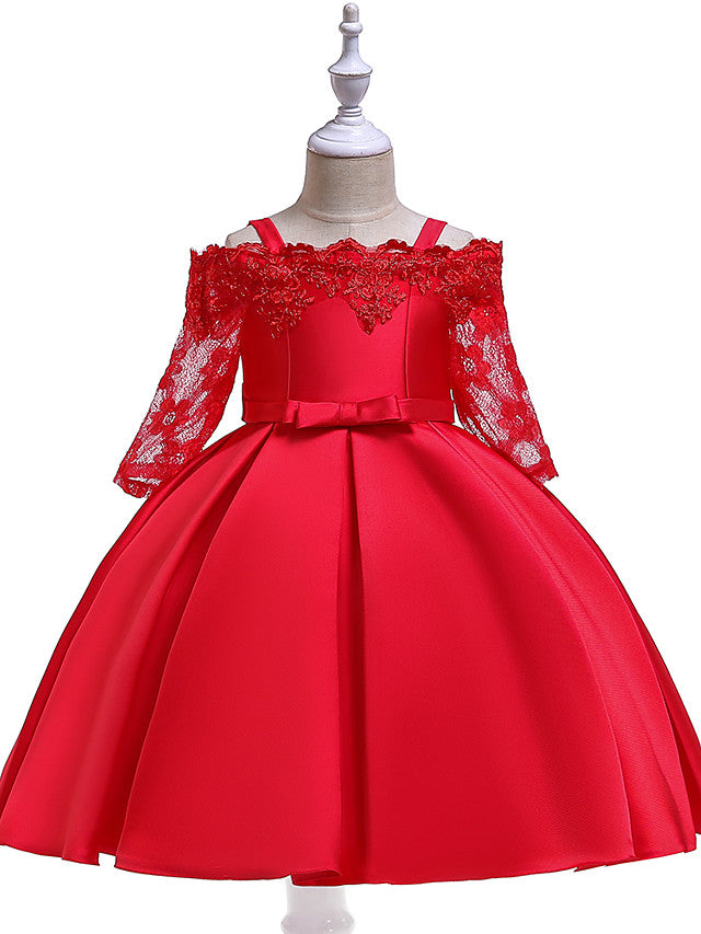 A-Line Cotton Blend Flower Girl Dress with Lace Sash & Ribbon Trim - 3/4 Length Sleeve Off Shoulder