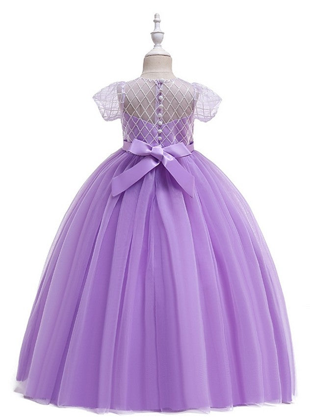 Flower Girl Dress with Bow Appliques - Short Sleeves Ball Gown Floor Length