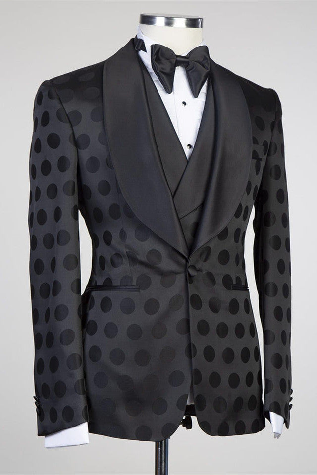 Handsome 3-Piece Formal Suit with Shawl Lapel & Black Pattern for Prom