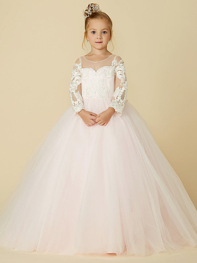 Ball Gown Long Sleeve Illusion Neck Flower Girl Dress with Lace Tulle Bows and Buttons