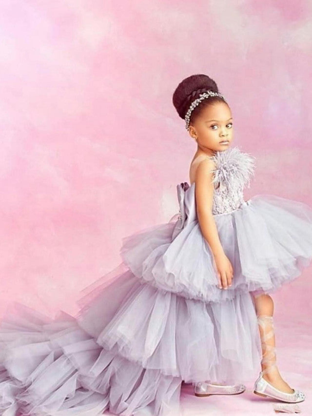 A-Line Sleeveless Strapless Flower Girl Dress with Poly Feathers Fur and Solid Tier
