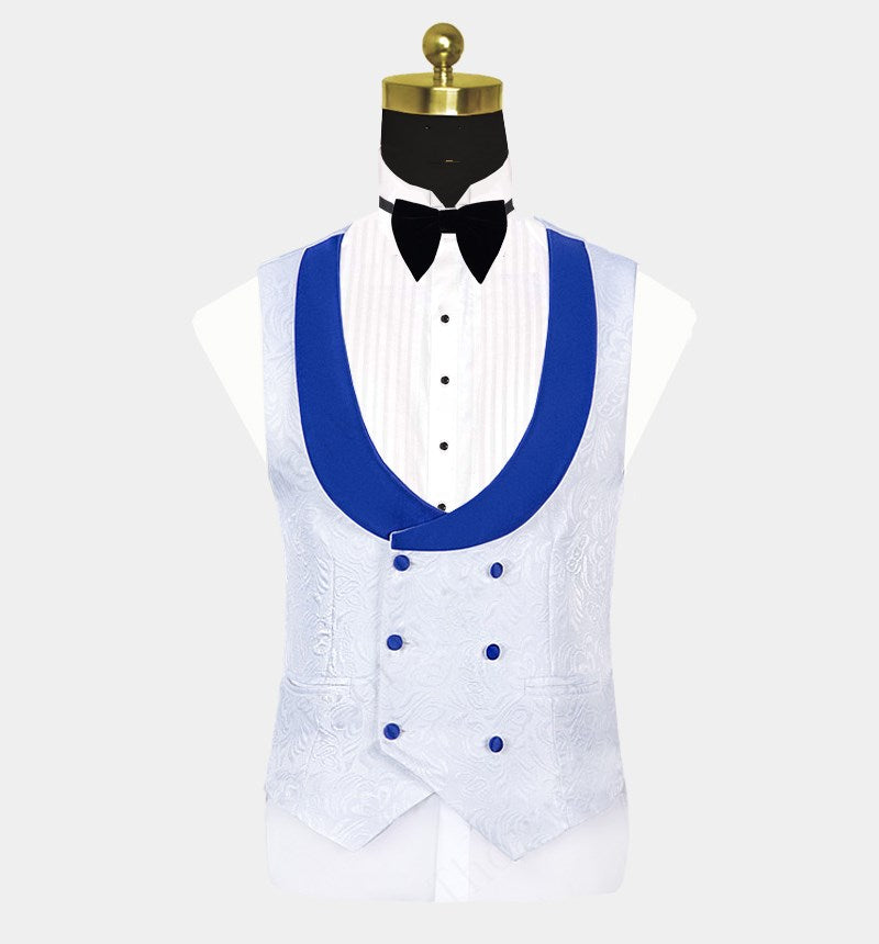 Cool White Jacquard Wedding Tuxedo with Blue Shawl Lapel