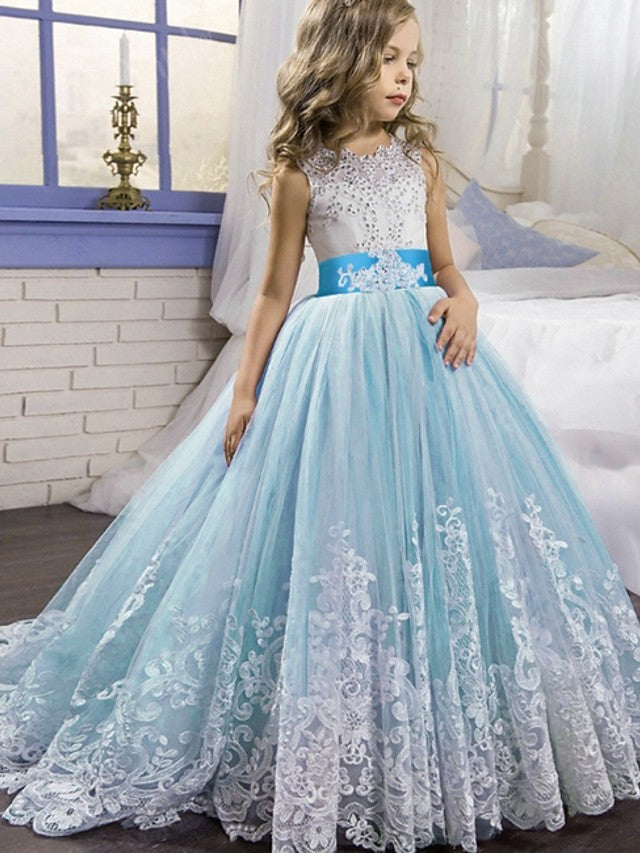 Princess Tulle Sleeveless Jewel Flower Girl Dress with Bow Appliques Beading