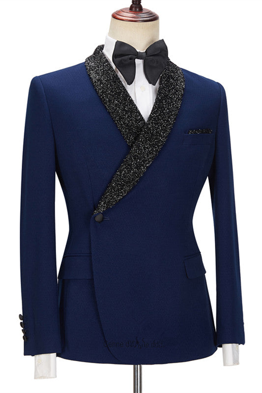 Dark Navy Business Formal Suit for Prom with Black Lapel