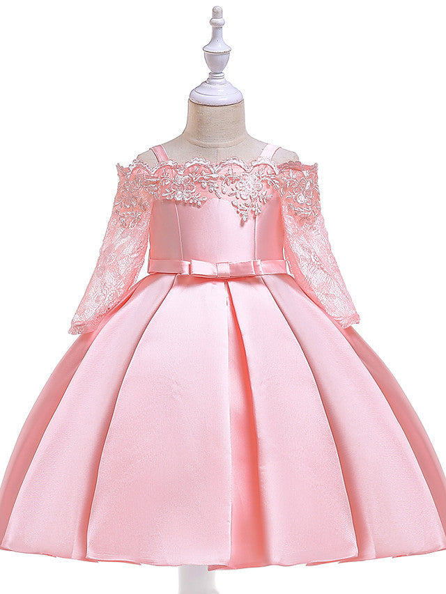 A-Line Cotton Blend Flower Girl Dress with Lace Sash & Ribbon Trim - 3/4 Length Sleeve Off Shoulder
