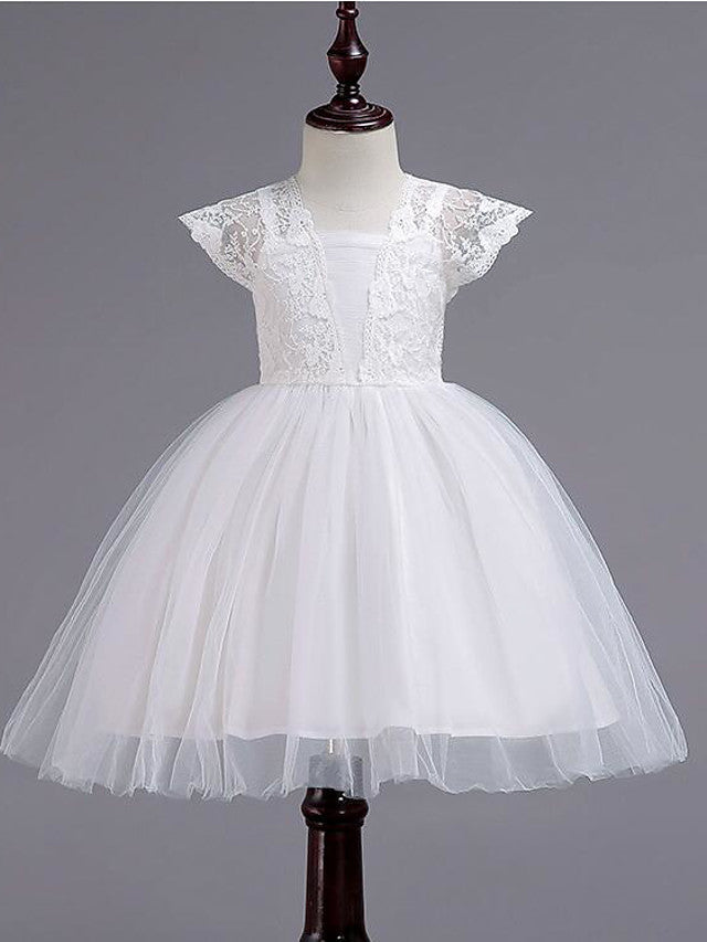 Cap Sleeve Square Neck Flower Girl Dress with Lace Tulle Cotton and Lace Belt