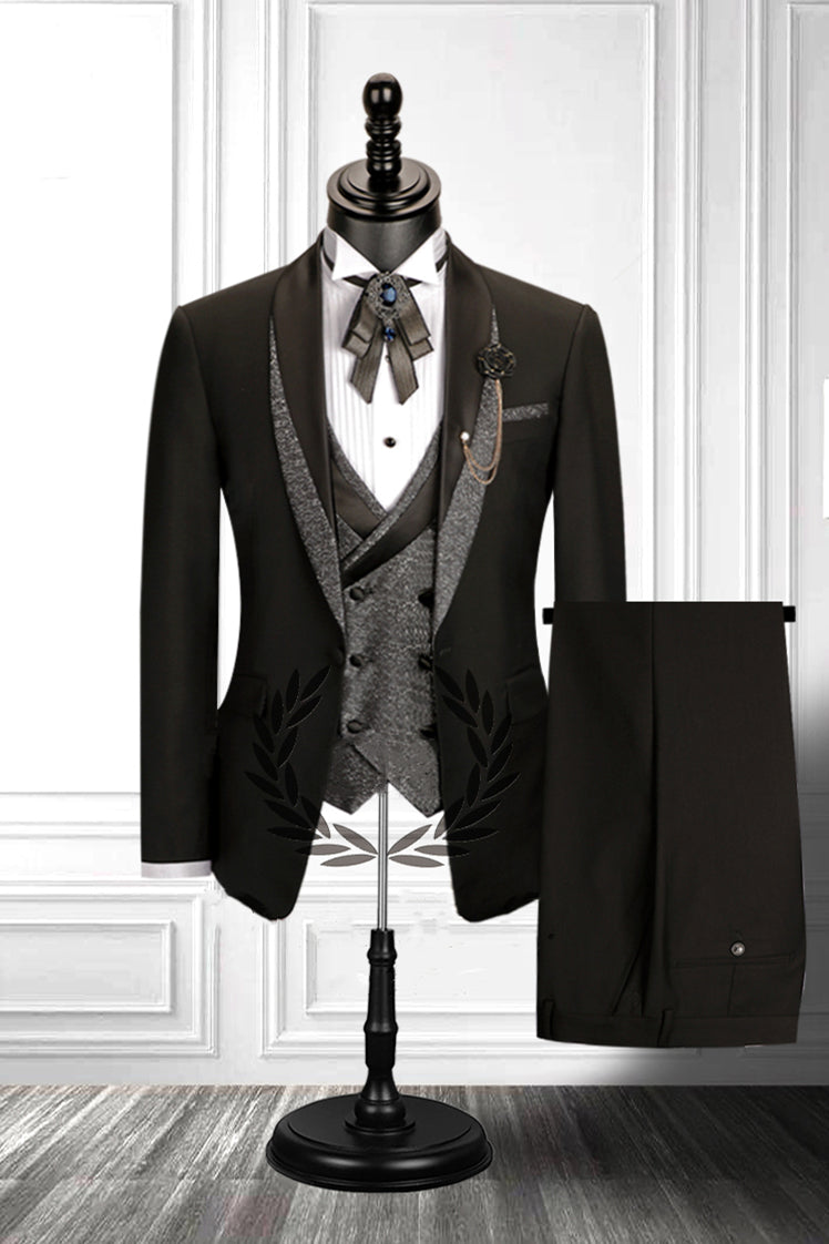 Modern 3 Piece Men's Suit with Stitched Shawl Lapel and Double Breasted Waistcoat Black