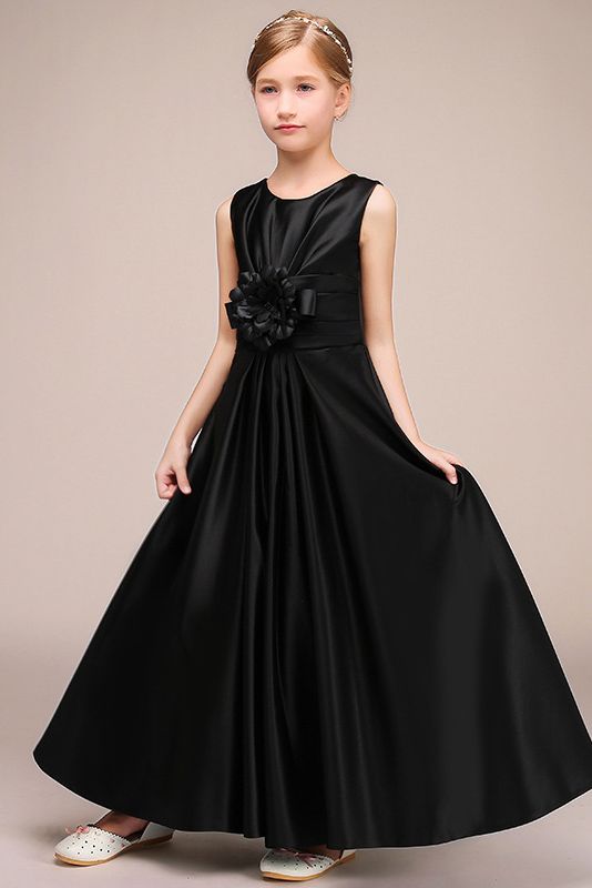 Jewel Sleeveless Ankle Length Flower Girl Dress with Handmade Flower