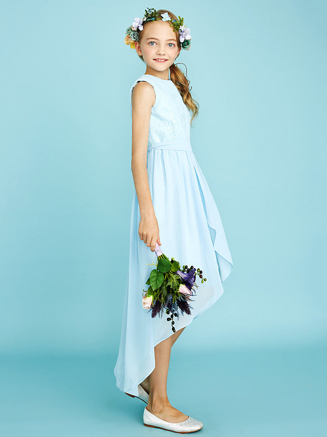 Chiffon Junior Flower Girl Dress With Pleats and Asymmetrical Neckline for Sheath Jewel Look