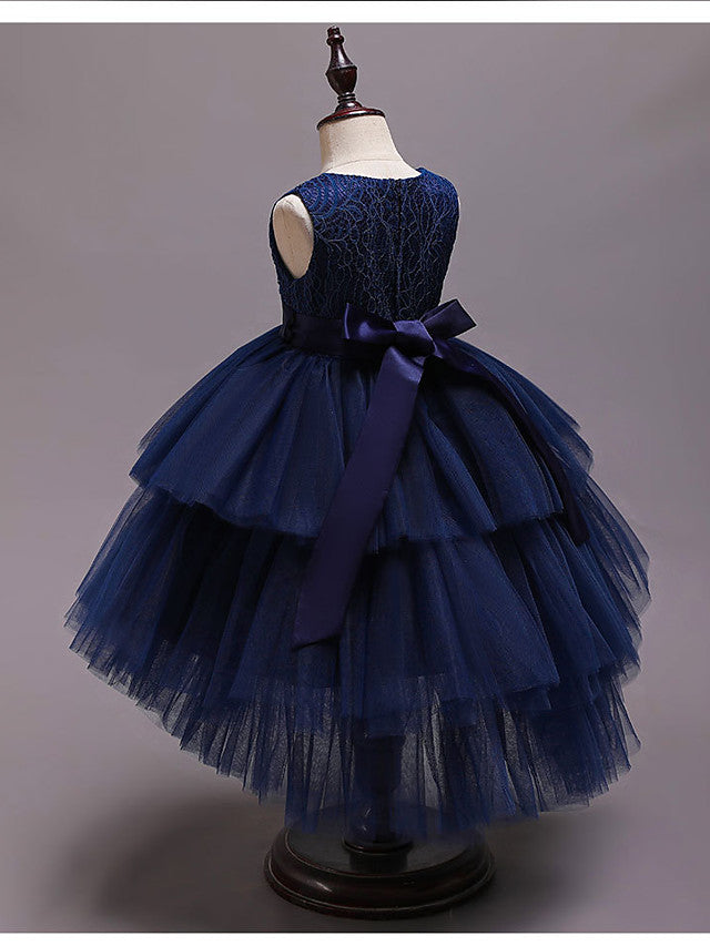 Asymmetrical Jewel Flower Girl Dress with Sleeveless Tulle and Belt - Crystals and Rhinestones