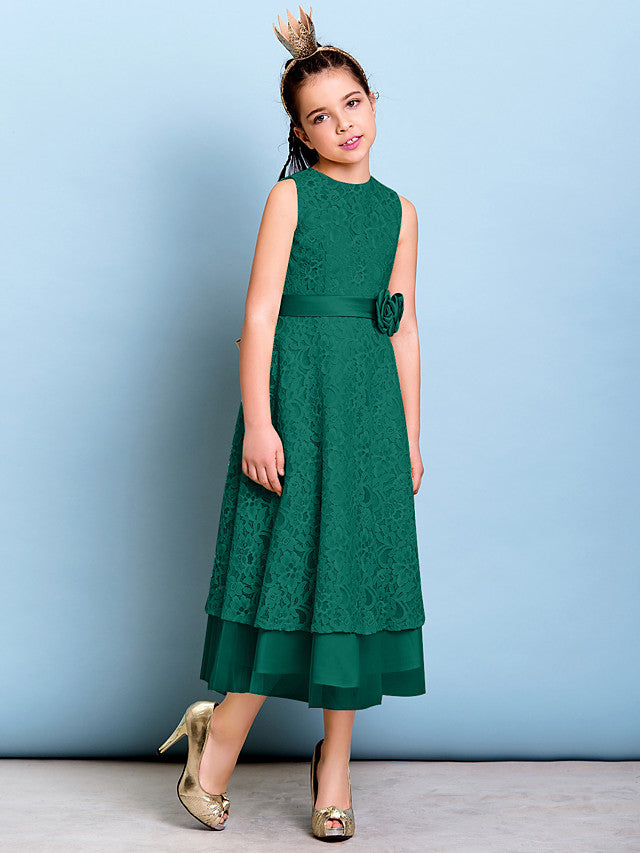 A-Line Jewel Neck Tea Length Floral Lace Junior Bridesmaid Dress with Sash & Accessories