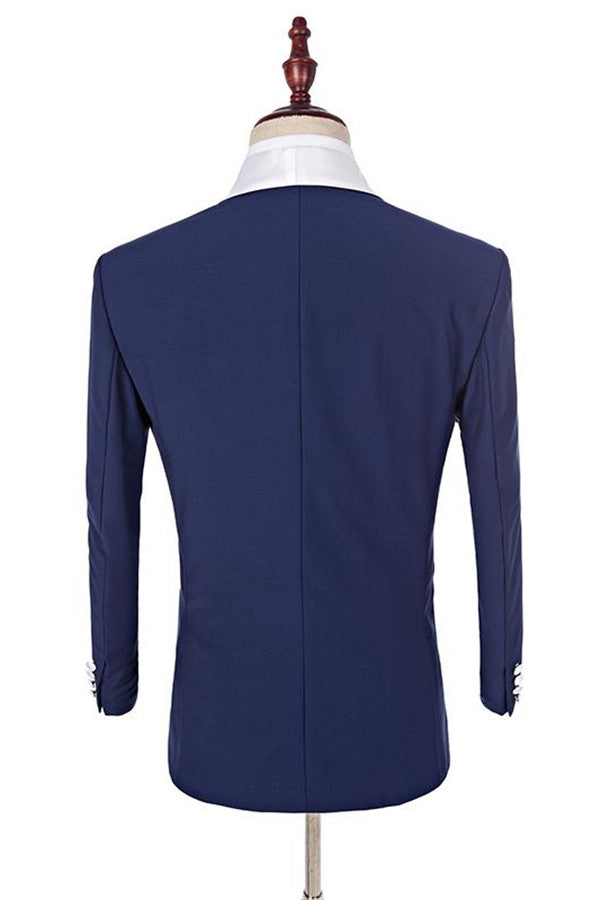 Navy Blue Fashion Slim Fit Shawl Lapel Set with One-Button Closure