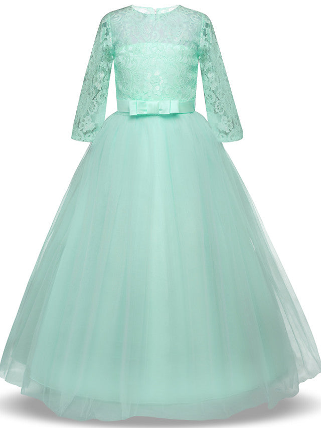 Half Sleeve Jewel Long Length Flower Girl Dress with Lace Tulle and Lace Belt Bow