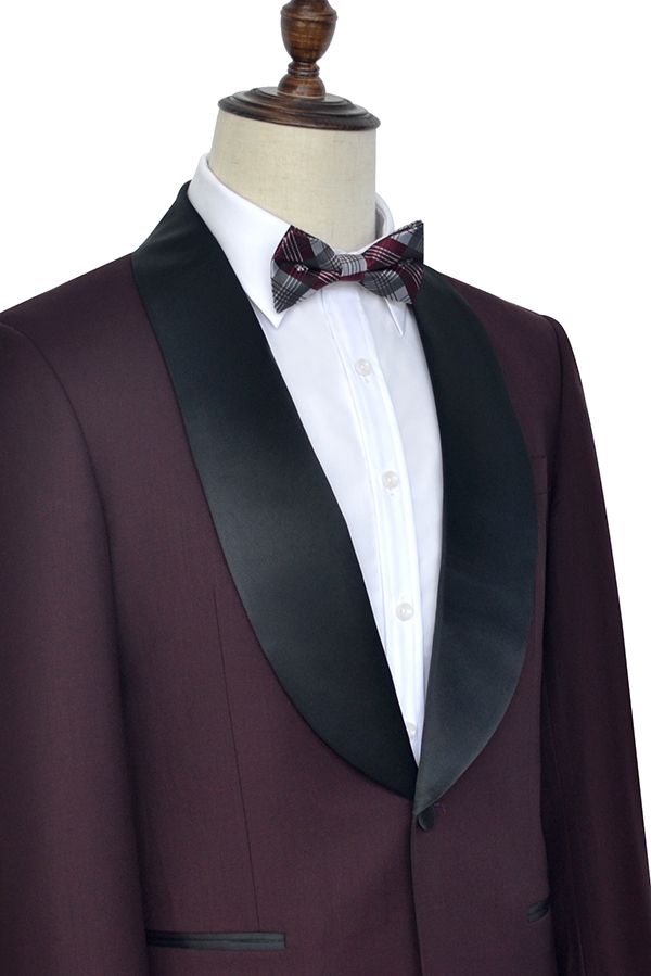 Luxury Black Shawl Collar One Button Burgundy Wedding Suit for Men