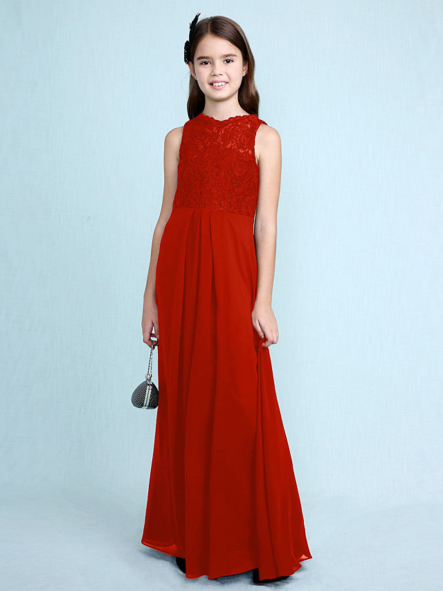 Sheath Column Scoop Neck Floor Length Chiffon & Lace Junior Bridesmaid Dress