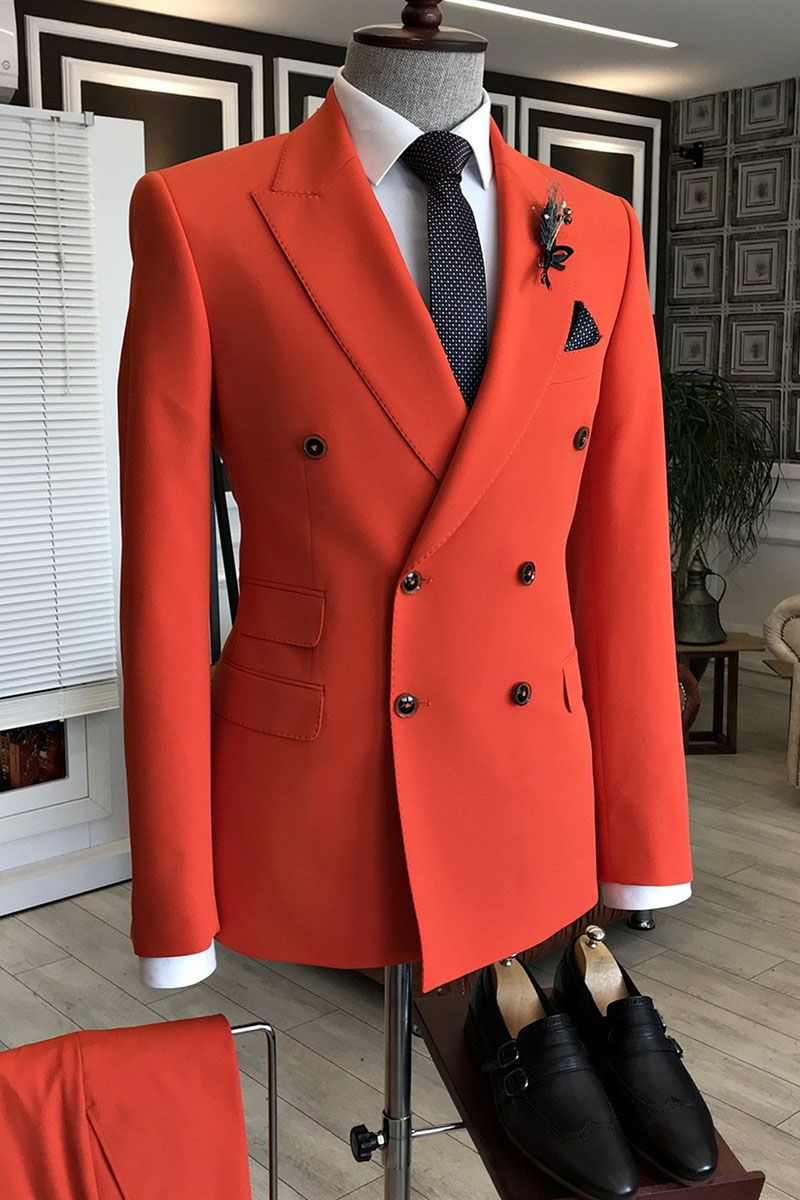 Gentle Red Best Party Suit for Prom with Peaked Lapel and Double Breasted