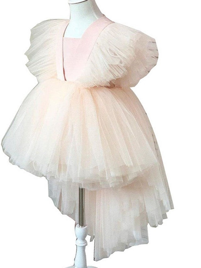 V Neck Ball Gown Knee Length Flower Girl Dress with Tulle and Tier Appliques