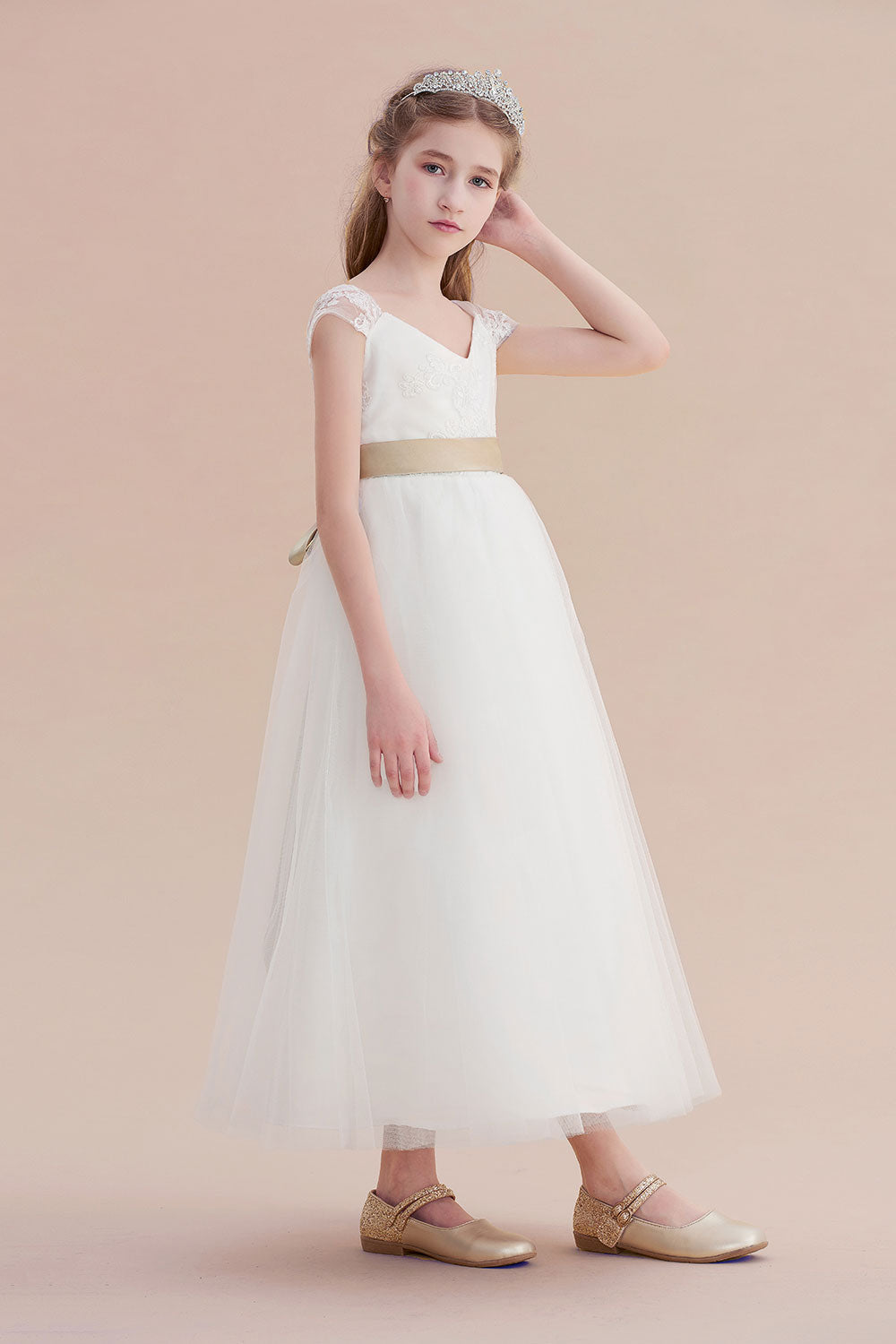 Cap Sleeve Sweetheart A-line Flower Girl Dress with Lace Ribbons and Tulle