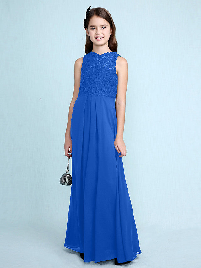 Sheath Column Scoop Neck Floor Length Chiffon & Lace Junior Bridesmaid Dress