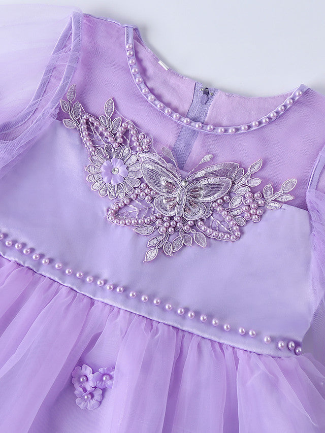 Princess Midi Dress for Weddings & Birthdays: Satin Tulle Jewel Neck with Bow(s) Pearls & Beading