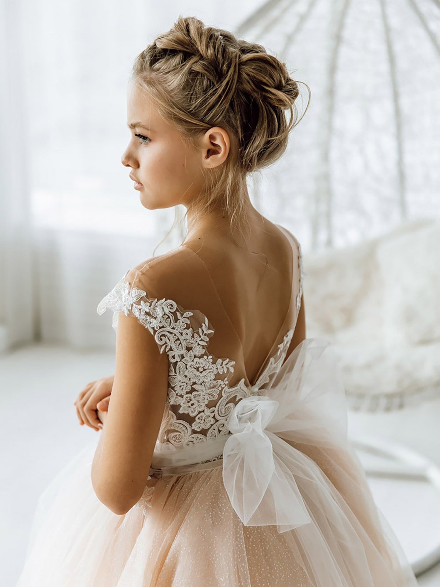 Boho Flower Girl Dresses Tulle with Bow - Ball Gown Sleeveless Open Back