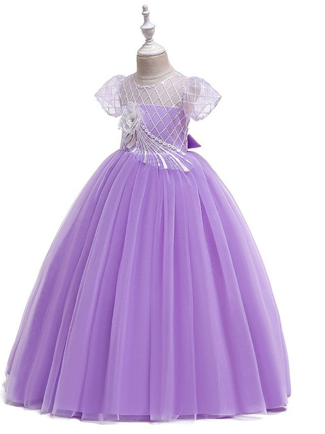 Flower Girl Dress with Bow Appliques - Short Sleeves Ball Gown Floor Length