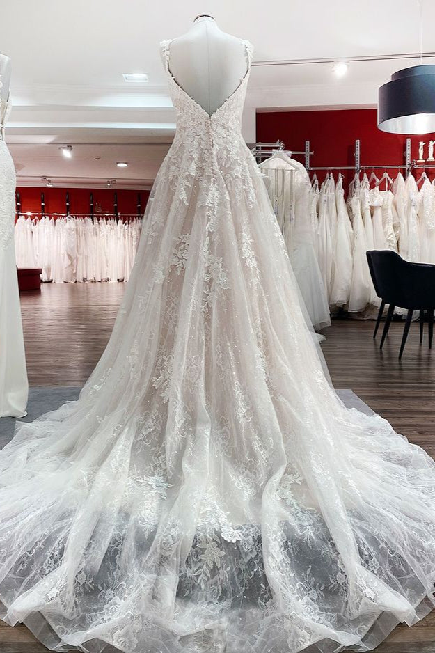 Beautiful Long A-Line V-Neck Tulle Lace Wedding Dress with Ruffles and Open Back