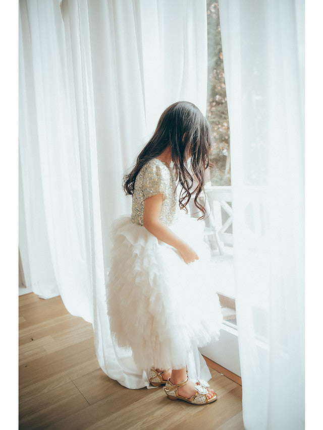 Short Sleeve Jewel Neck Flower Girl Dresses with Tulle & Paillette Sequins