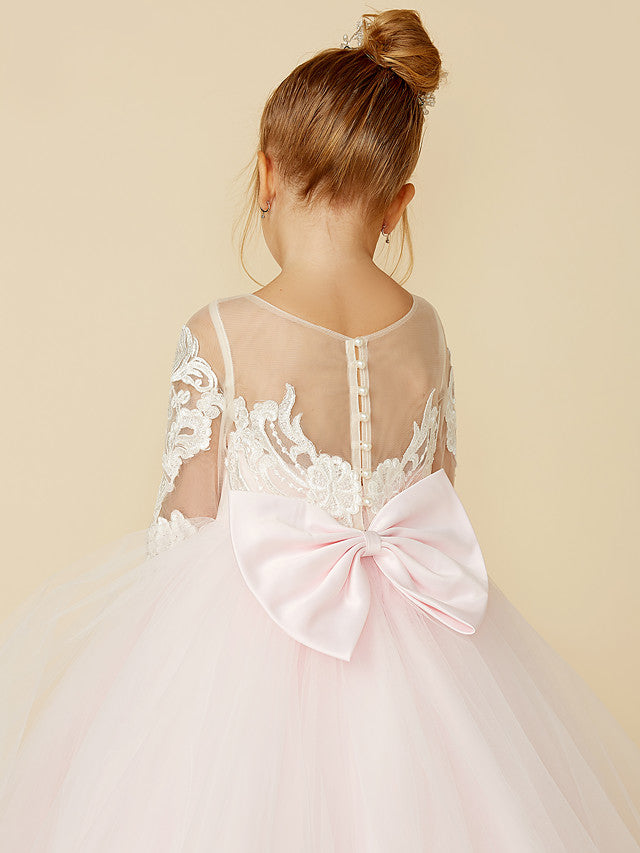 Ball Gown Long Sleeve Illusion Neck Flower Girl Dress with Lace Tulle Bows and Buttons