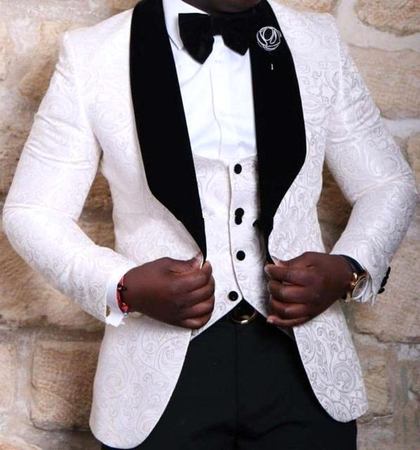 Handsome White Wedding Groom Tuxedos - Jacquard Three Pieces Men Suit