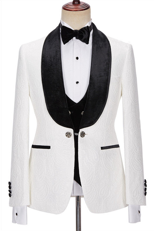 White Jacquard 3-Piece Wedding Suit with Velvet Lapel for Men New Arrival