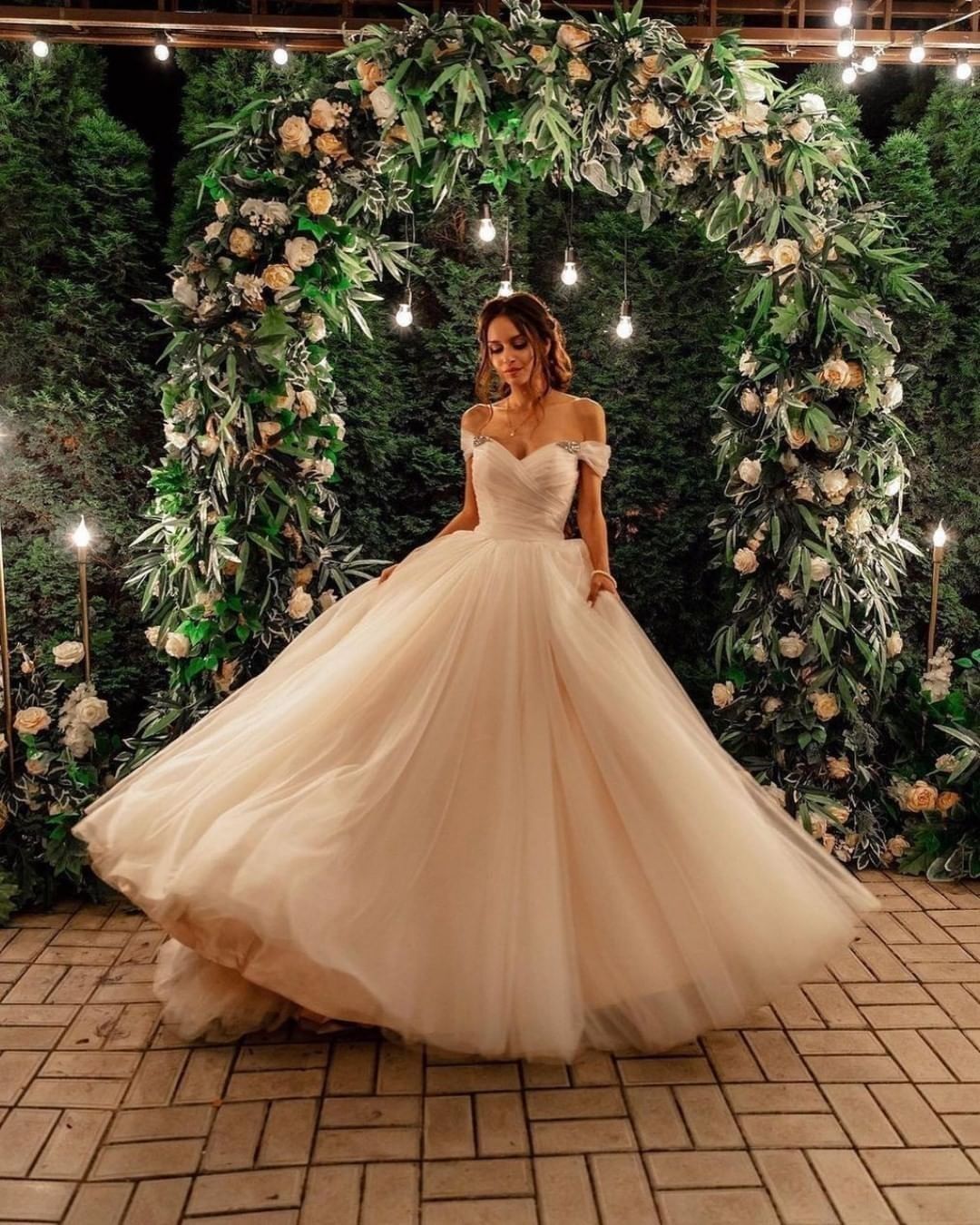 Beautiful Tulle A-line Long Wedding Dress with Off-the-shoulder and Chapel Train