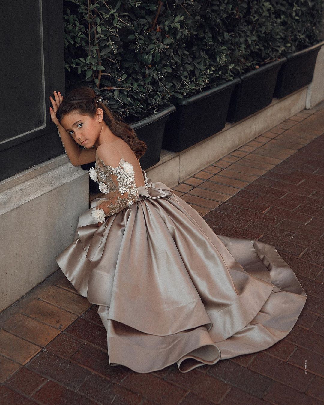 A-line Satin Hi-Lo Flower Girl Dress with Lace Appliques Bow & Pearls