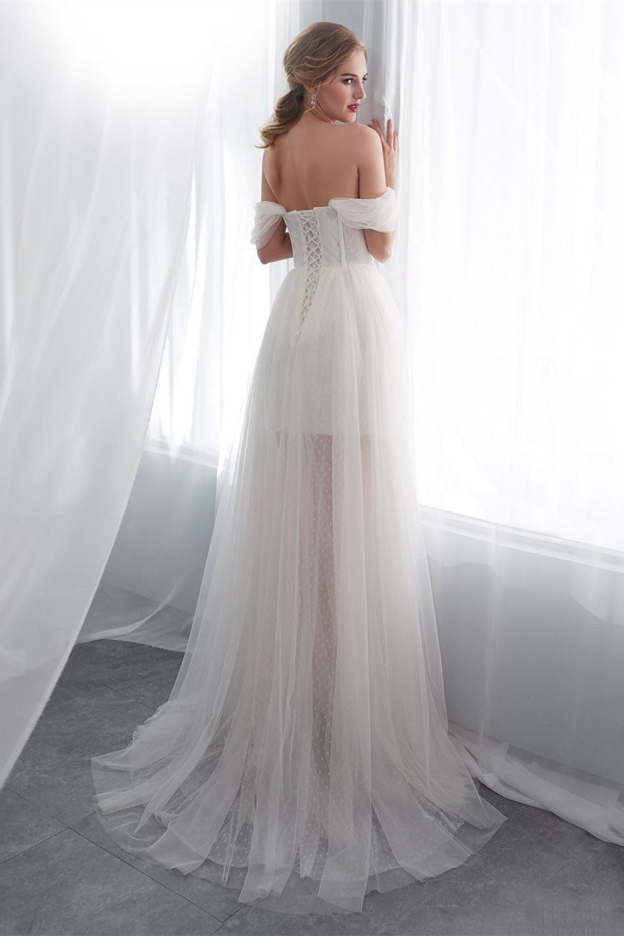 Chic Off-the-Shoulder Tulle Wedding Dress Long