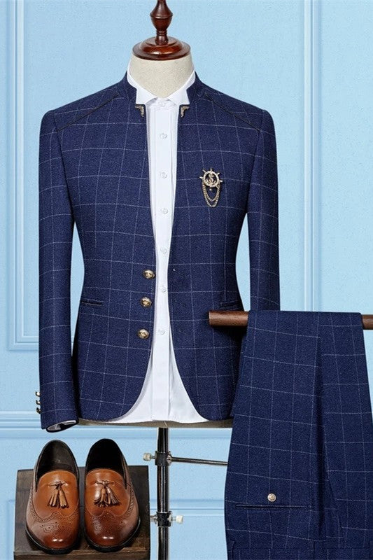 Dark Navy Groom & Groomsmen Suits with Plaid - 2 Piece Set