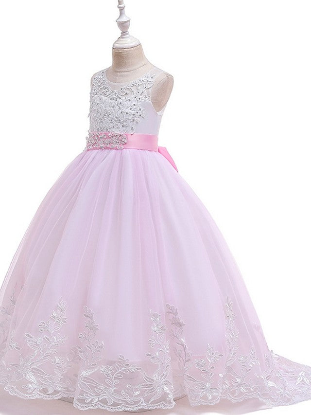 Princess Tulle Sleeveless Jewel Flower Girl Dress with Bow Appliques Beading