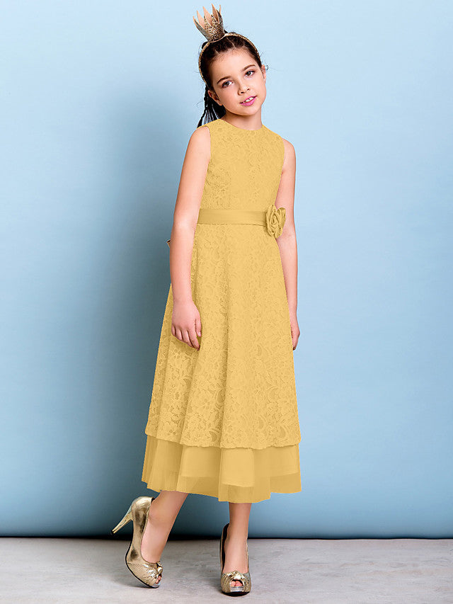A-Line Jewel Neck Tea Length Floral Lace Junior Bridesmaid Dress with Sash & Accessories