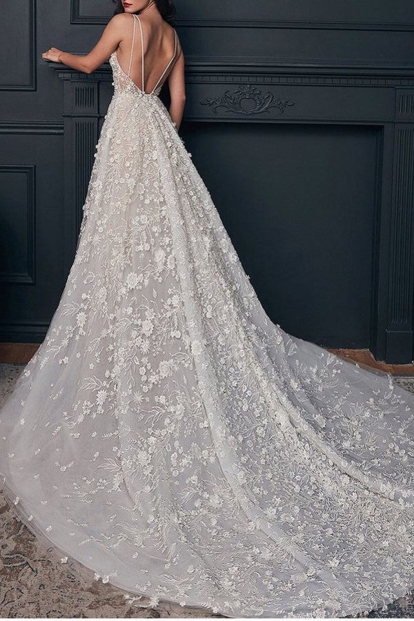 Long A Line Wedding Dress with Sheer Straps and 3D Floral