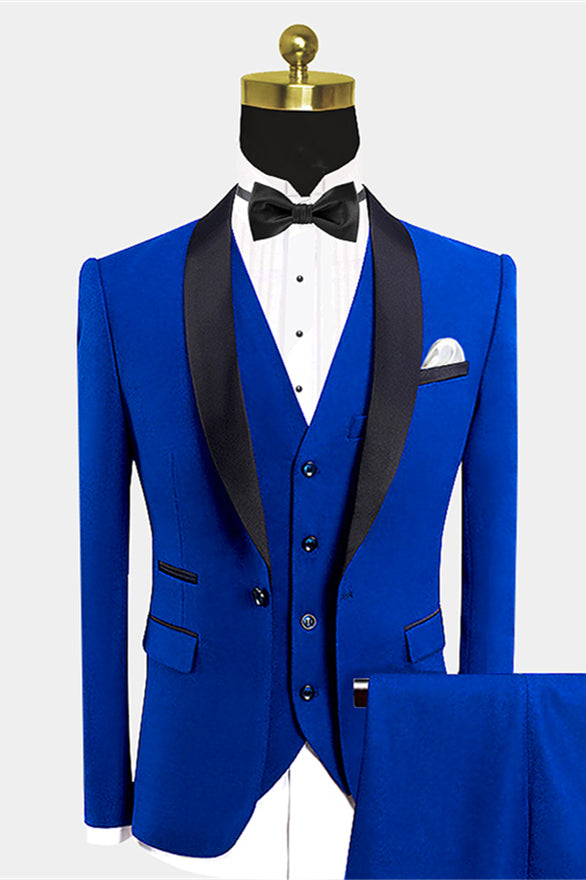 Royal Blue Shawl Lapel Tuxedo Men's Wedding Suit with Black Bow Tie