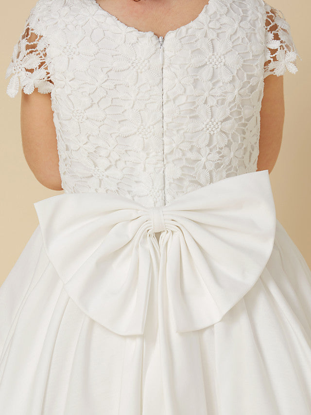 Adorable A-Line Short Sleeve Dress for Girls in Lace Cotton with Bow