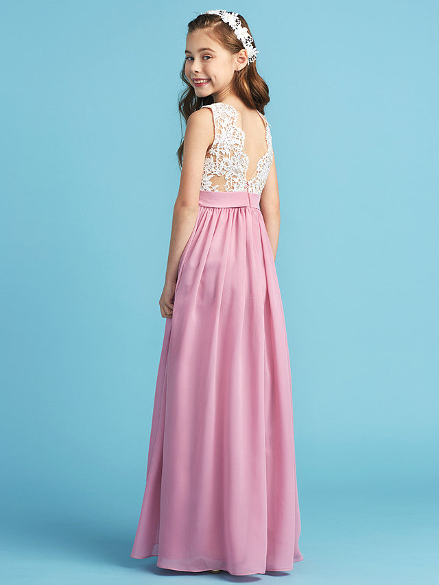 Princess A-Line Queen Anne Floor Length Chiffon Lace Junior Flower Girl Dress With Lace Pleats