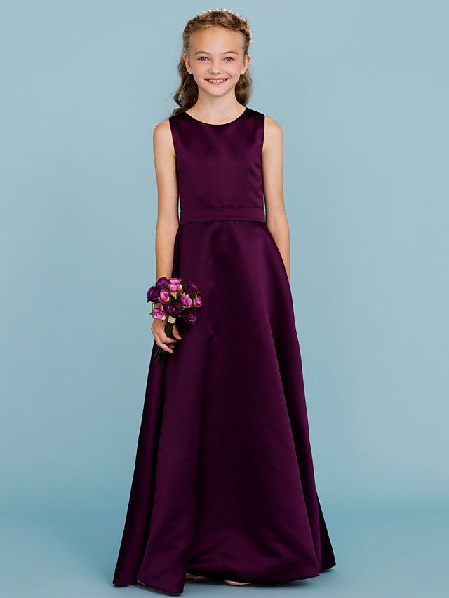 A-Line Jewel Neck Floor Length Satin Junior Flower Girl Dress with Sash for Weddings & Parties