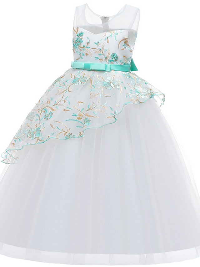 Gorgeous Sleeveless Ball Gown Flower Girl Dress with Tulle Sash Ribbon and Embroidered Bow