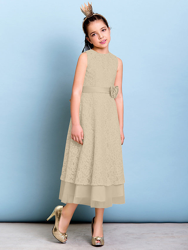 A-Line Jewel Neck Tea Length Floral Lace Junior Bridesmaid Dress with Sash & Accessories