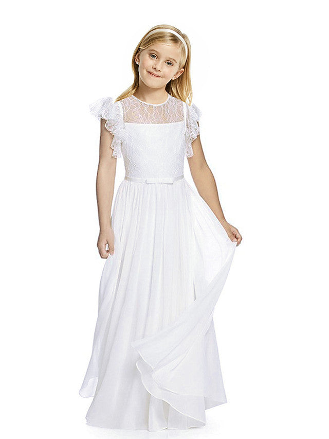 Short Sleeve Jewel Neck Flower Girl Dress with Lace and Butterfly